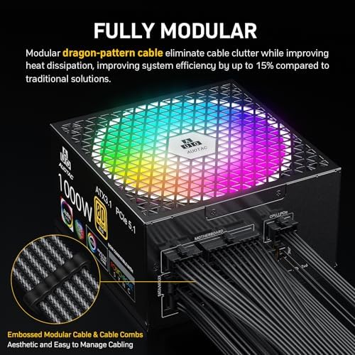Auotac 1000W Fully Modular Power Supply, 80+ Gold Certified PSU, ATX 3.1 & PCIe 5.1 Ready, 12V-2x6 Native Connector, 140mm RGB Low-Noise Smart Fan, 105℃ Japanese Capacitors, Black : Electronics - Image 5