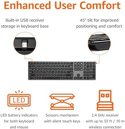 Amazon Basics Ultra Premium Wireless Keyboard and Mouse Combo, Rechargeable, Full-Size with Number Pad, Sleek Design, Plug and Play, Quiet Typing, 2.4GHz USB Receiver, Black : Electronics - Image 3