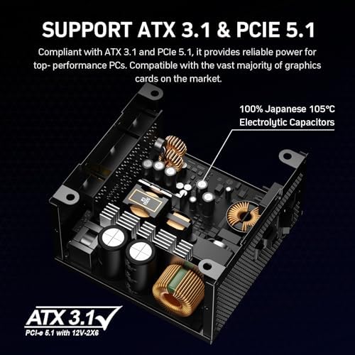 Auotac 1000W Fully Modular Power Supply, 80+ Gold Certified PSU, ATX 3.1 & PCIe 5.1 Ready, 12V-2x6 Native Connector, 140mm RGB Low-Noise Smart Fan, 105℃ Japanese Capacitors, Black : Electronics - Image 4
