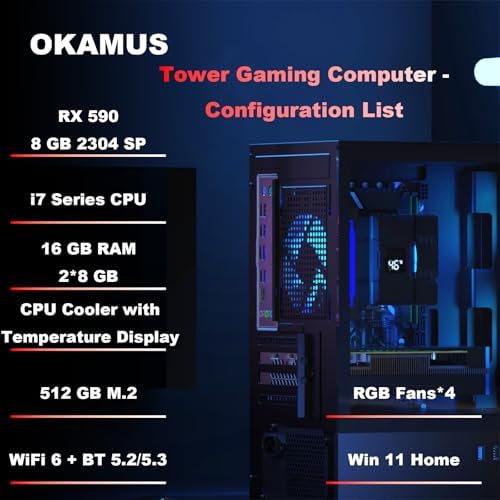 OKAMUS Gaming PC, i7 CPU Up to 4.0GHz, RX 590 2304 SP 8GB DDR5 Graphics Card, 512 GB M.2, 16 GB RAM Pre-Built Computer, ARGB Fans x 4, Win 11 Home,WiFi 6 + BT 5.3, 550W PSU (RX 590+512GB+16GB) : Electronics - Image 3