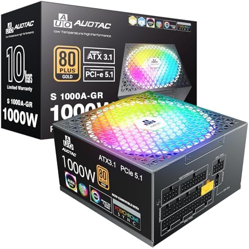 Auotac 1000W Fully Modular Power Supply, 80+ Gold Certified PSU, ATX 3.1 & PCIe 5.1 Ready, 12V-2x6 Native Connector, 140mm RGB Low-Noise Smart Fan, 105℃ Japanese Capacitors, Black : Electronics